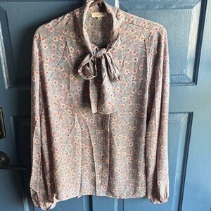 Mystree Floral Tie-Neck Blouse in Dusty Blue with Pink Accents